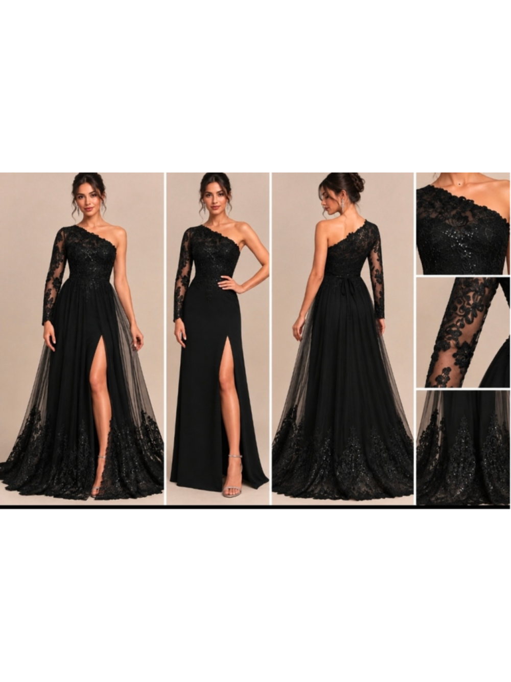 JJ’s House Lurella Black One Shoulder Lace Sequin Chiffon Formal Gown 12